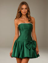 Free Shipping Satin Strapless Mini Homecoming Dress with Pearl and Bow Detail