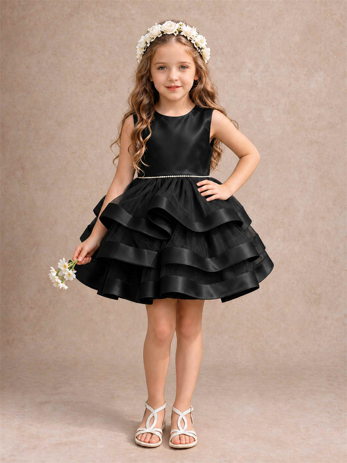 Satin Tulle Flower Girl Dress Tiered Ruffle Skirt Pearl Waist Back Bow Wedding Gown