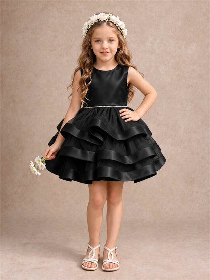 Satin Tulle Flower Girl Dress Tiered Ruffle Skirt Pearl Waist Back Bow Wedding Gown