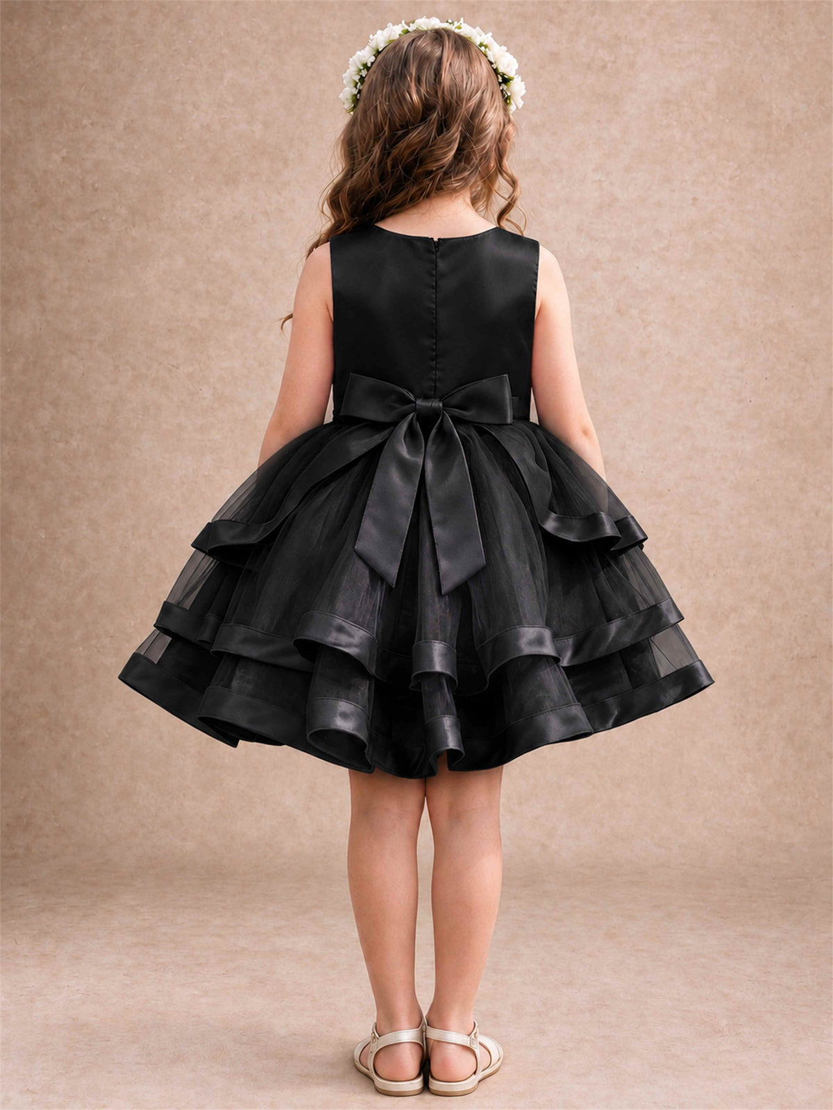 Satin Tulle Flower Girl Dress Tiered Ruffle Skirt Pearl Waist Back Bow Wedding Gown