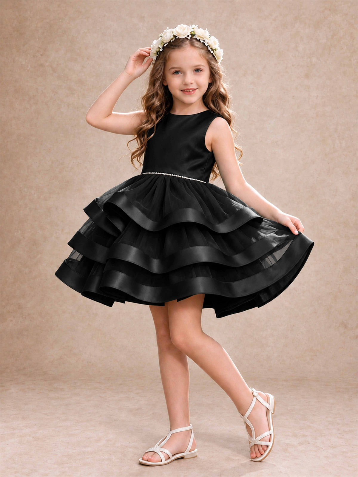 Satin Tulle Flower Girl Dress Tiered Ruffle Skirt Pearl Waist Back Bow Wedding Gown