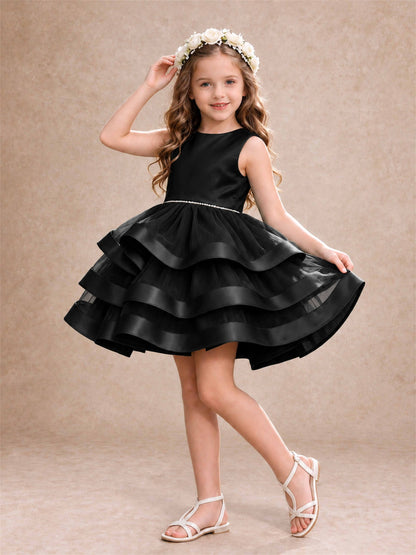Satin Tulle Flower Girl Dress Tiered Ruffle Skirt Pearl Waist Back Bow Wedding Gown
