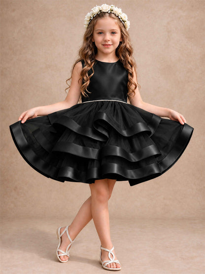 Satin Tulle Flower Girl Dress Tiered Ruffle Skirt Pearl Waist Back Bow Wedding Gown
