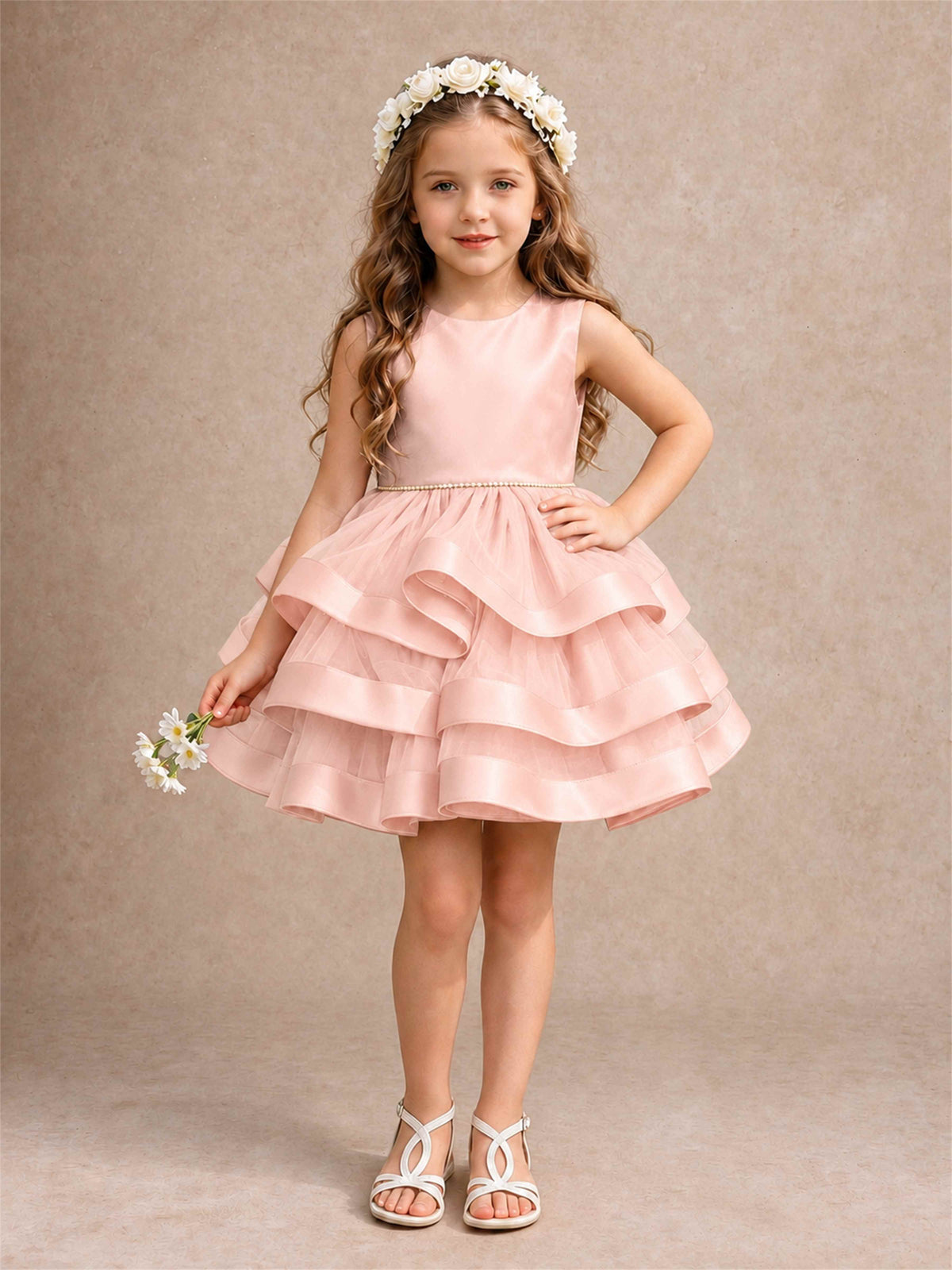 Satin Tulle Flower Girl Dress Tiered Ruffle Skirt Pearl Waist Back Bow Wedding Gown