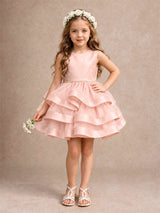 Satin Tulle Flower Girl Dress Tiered Ruffle Skirt Pearl Waist Back Bow Wedding Gown