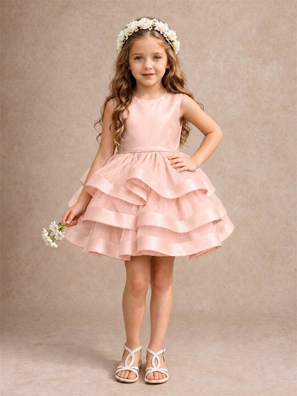 Satin Tulle Flower Girl Dress Tiered Ruffle Skirt Pearl Waist Back Bow Wedding Gown