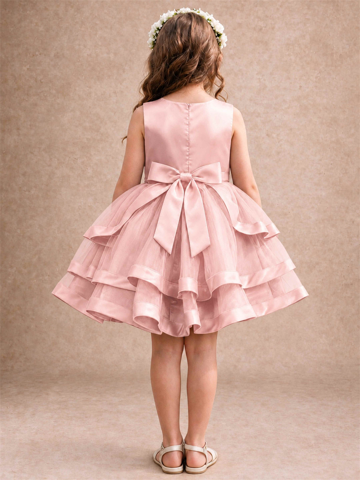 Satin Tulle Flower Girl Dress Tiered Ruffle Skirt Pearl Waist Back Bow Wedding Gown