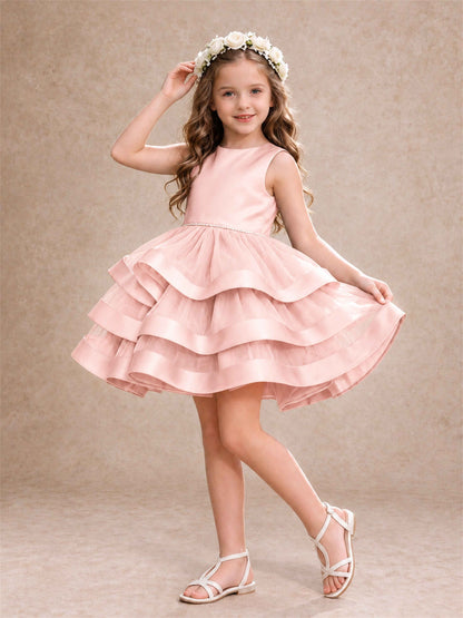 Satin Tulle Flower Girl Dress Tiered Ruffle Skirt Pearl Waist Back Bow Wedding Gown