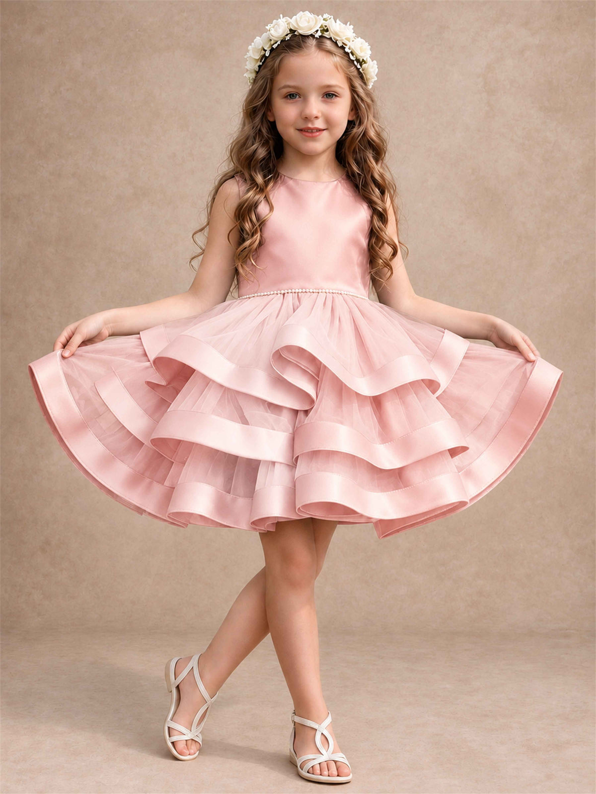 Satin Tulle Flower Girl Dress Tiered Ruffle Skirt Pearl Waist Back Bow Wedding Gown