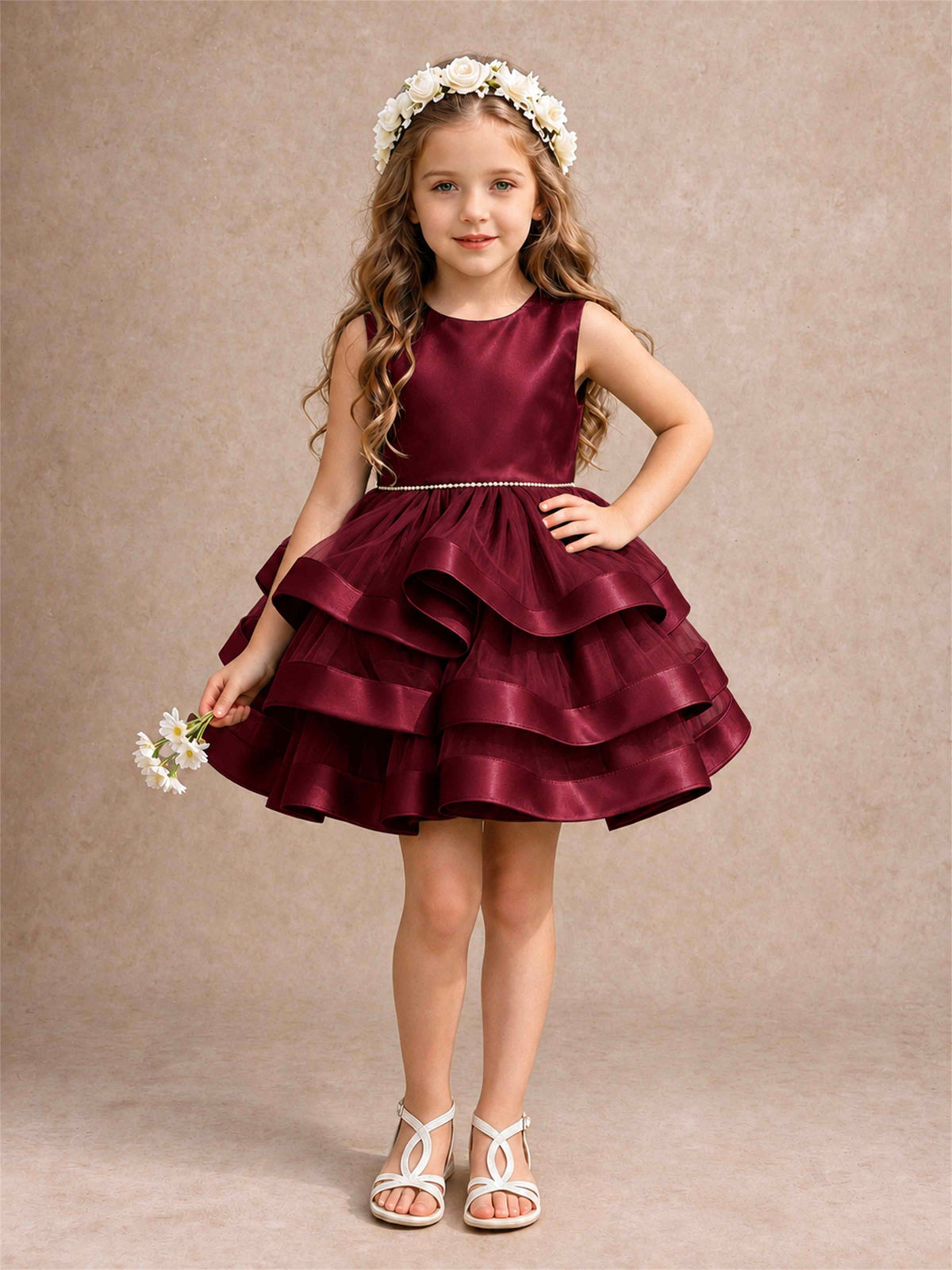 Satin Tulle Flower Girl Dress Tiered Ruffle Skirt Pearl Waist Back Bow Wedding Gown