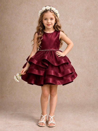 Satin Tulle Flower Girl Dress Tiered Ruffle Skirt Pearl Waist Back Bow Wedding Gown