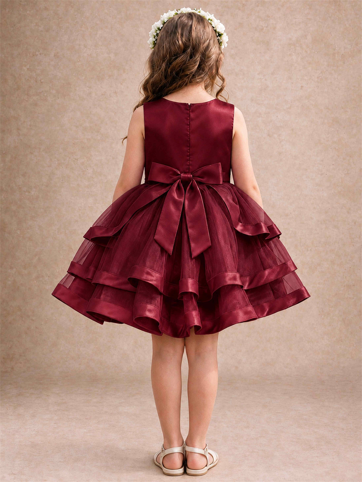 Satin Tulle Flower Girl Dress Tiered Ruffle Skirt Pearl Waist Back Bow Wedding Gown