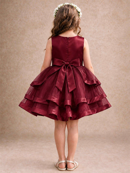 Satin Tulle Flower Girl Dress Tiered Ruffle Skirt Pearl Waist Back Bow Wedding Gown