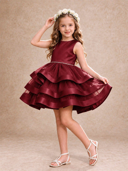 Satin Tulle Flower Girl Dress Tiered Ruffle Skirt Pearl Waist Back Bow Wedding Gown