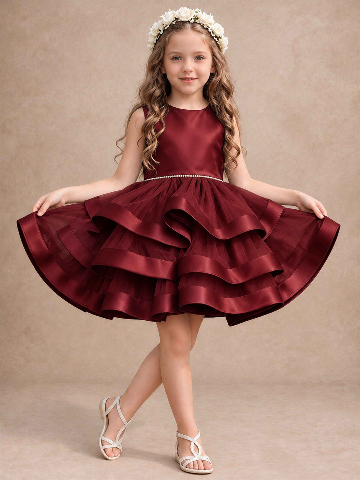 Satin Tulle Flower Girl Dress Tiered Ruffle Skirt Pearl Waist Back Bow Wedding Gown