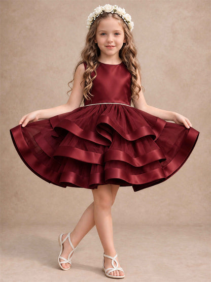 Satin Tulle Flower Girl Dress Tiered Ruffle Skirt Pearl Waist Back Bow Wedding Gown