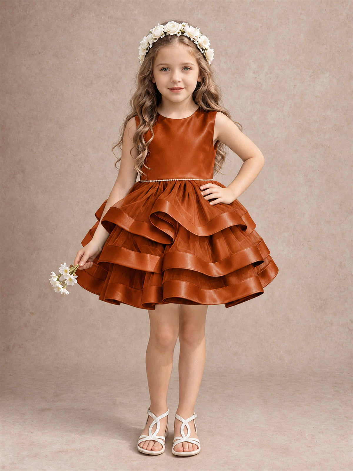 Satin Tulle Flower Girl Dress Tiered Ruffle Skirt Pearl Waist Back Bow Wedding Gown