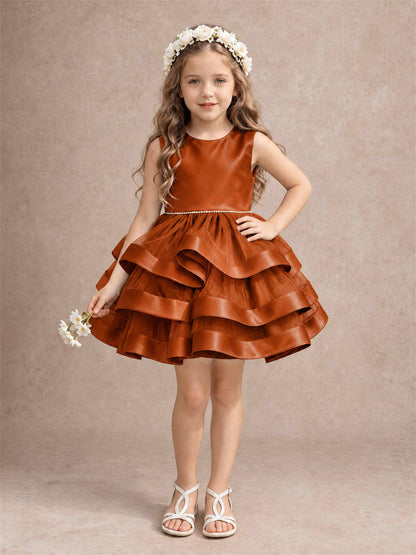 Satin Tulle Flower Girl Dress Tiered Ruffle Skirt Pearl Waist Back Bow Wedding Gown