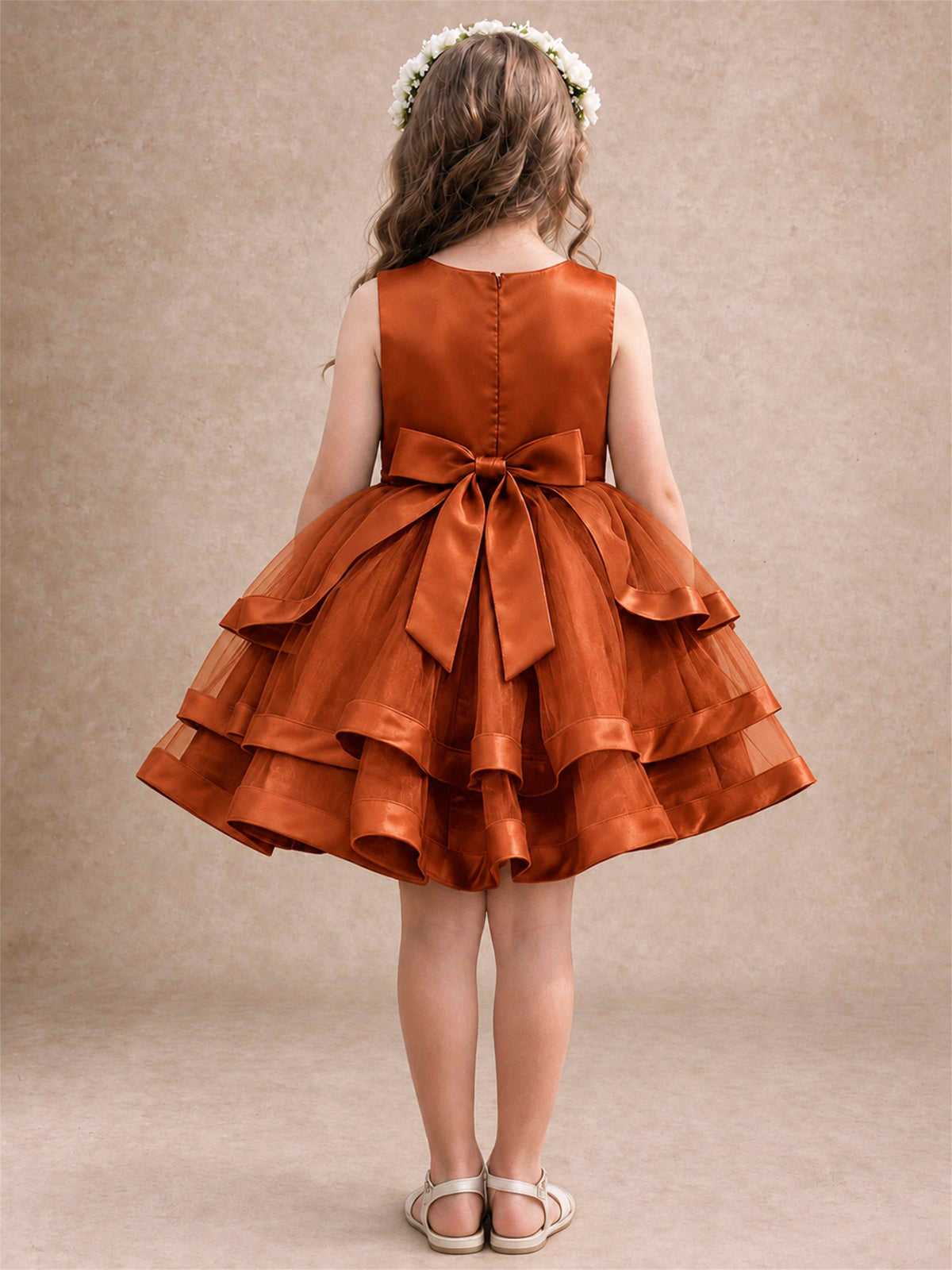 Satin Tulle Flower Girl Dress Tiered Ruffle Skirt Pearl Waist Back Bow Wedding Gown