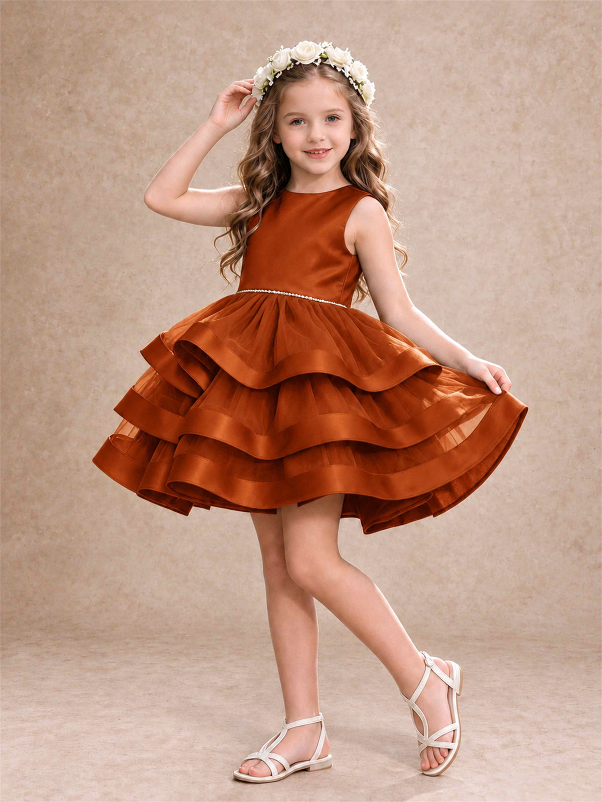 Satin Tulle Flower Girl Dress Tiered Ruffle Skirt Pearl Waist Back Bow Wedding Gown