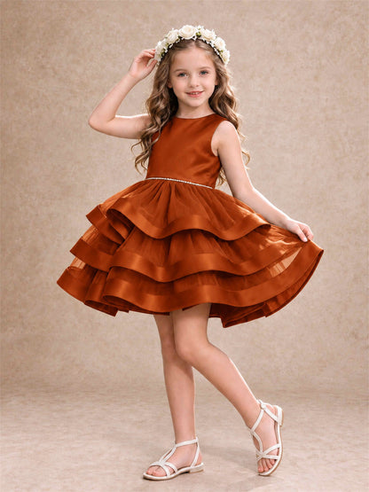 Satin Tulle Flower Girl Dress Tiered Ruffle Skirt Pearl Waist Back Bow Wedding Gown