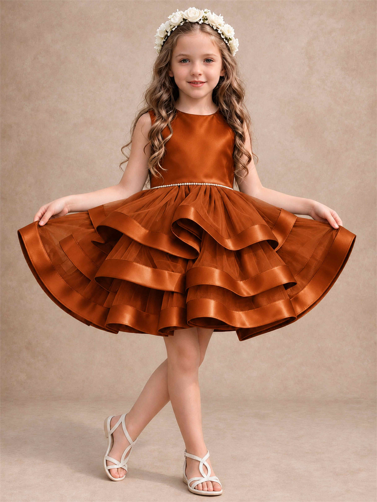 Satin Tulle Flower Girl Dress Tiered Ruffle Skirt Pearl Waist Back Bow Wedding Gown