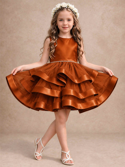 Satin Tulle Flower Girl Dress Tiered Ruffle Skirt Pearl Waist Back Bow Wedding Gown