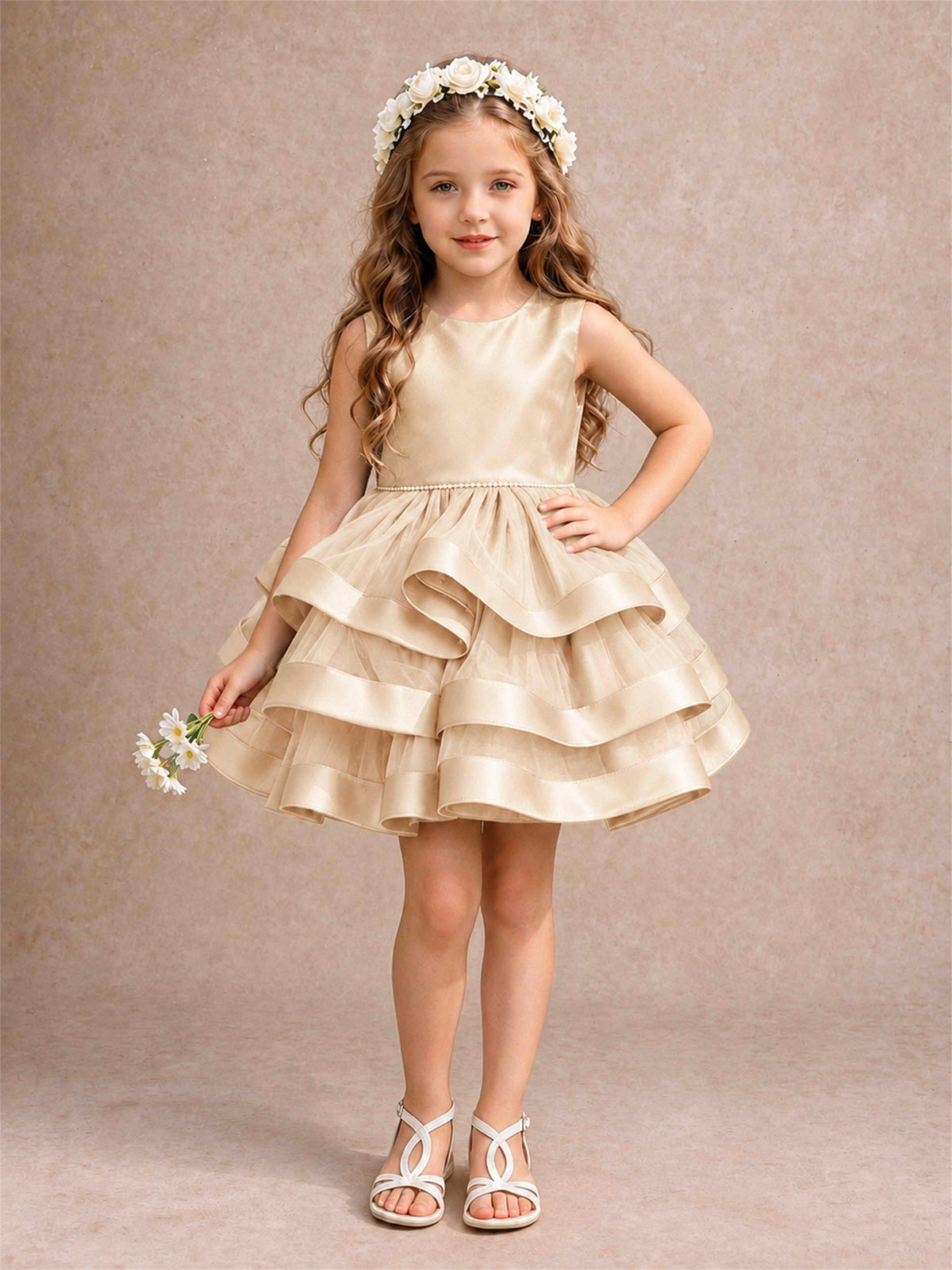 Satin Tulle Flower Girl Dress Tiered Ruffle Skirt Pearl Waist Back Bow Wedding Gown