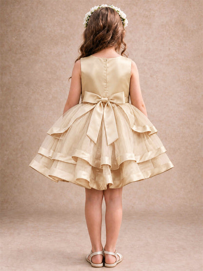 Satin Tulle Flower Girl Dress Tiered Ruffle Skirt Pearl Waist Back Bow Wedding Gown