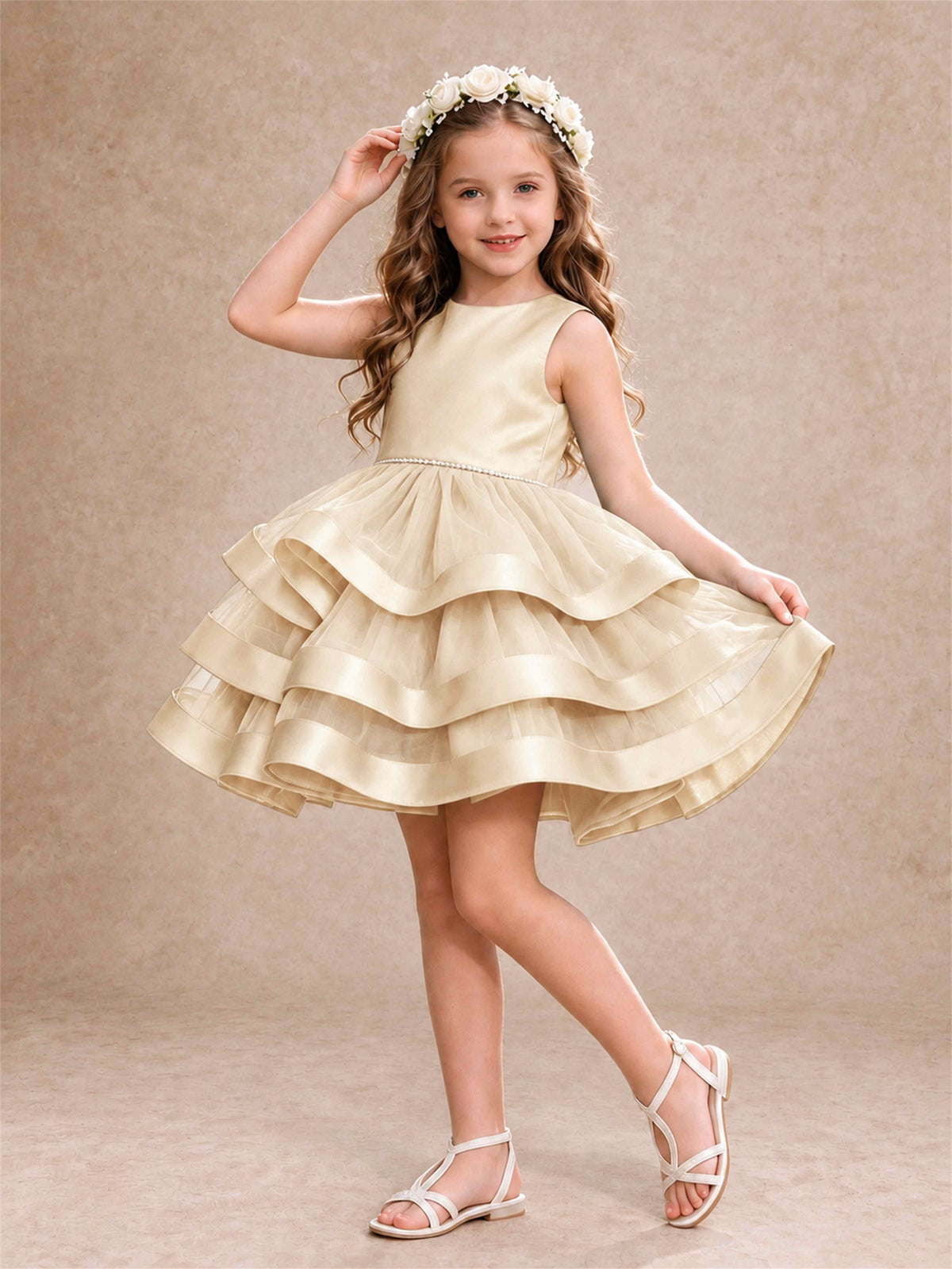 Satin Tulle Flower Girl Dress Tiered Ruffle Skirt Pearl Waist Back Bow Wedding Gown