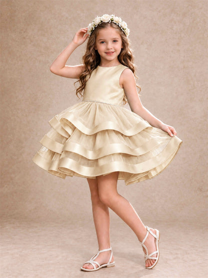 Satin Tulle Flower Girl Dress Tiered Ruffle Skirt Pearl Waist Back Bow Wedding Gown