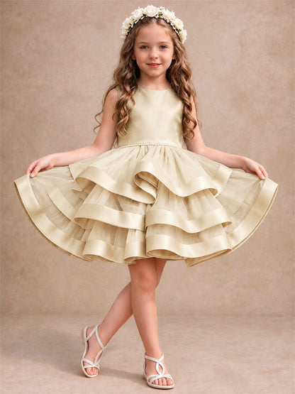 Satin Tulle Flower Girl Dress Tiered Ruffle Skirt Pearl Waist Back Bow Wedding Gown