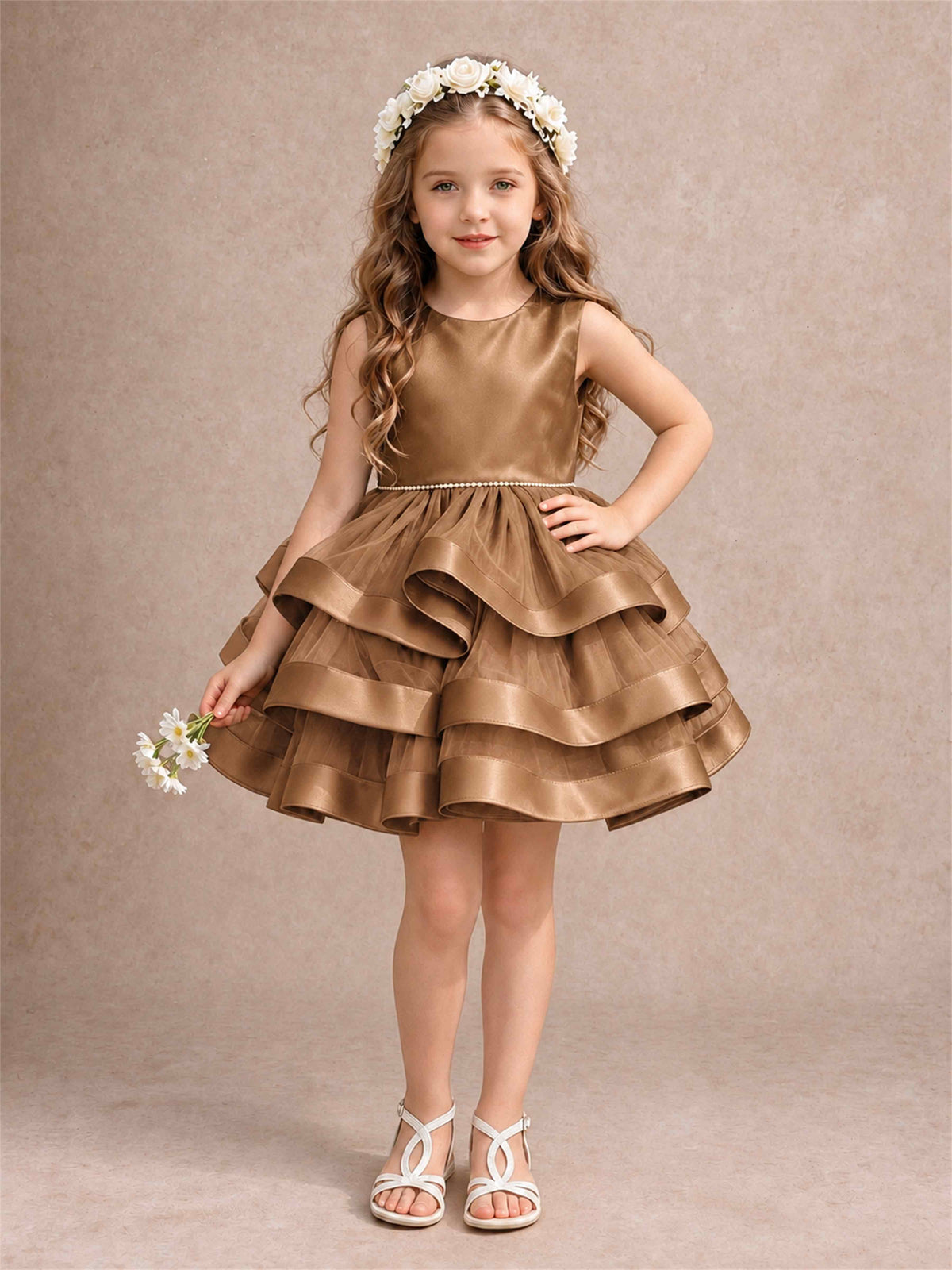 Satin Tulle Flower Girl Dress Tiered Ruffle Skirt Pearl Waist Back Bow Wedding Gown