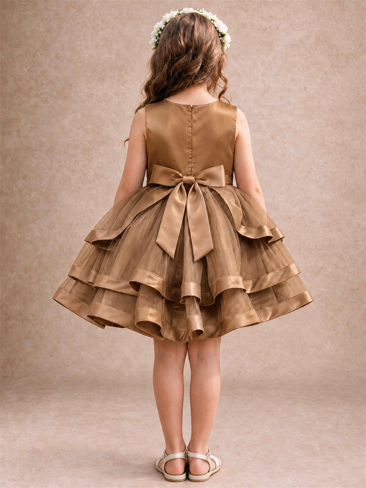 Satin Tulle Flower Girl Dress Tiered Ruffle Skirt Pearl Waist Back Bow Wedding Gown
