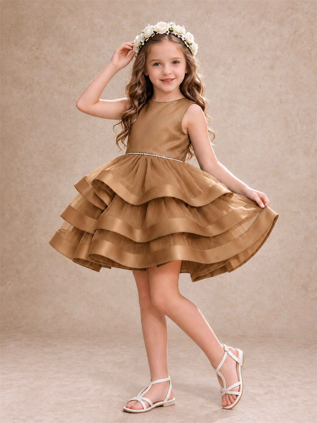 Satin Tulle Flower Girl Dress Tiered Ruffle Skirt Pearl Waist Back Bow Wedding Gown