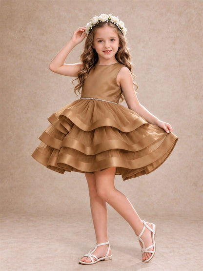 Satin Tulle Flower Girl Dress Tiered Ruffle Skirt Pearl Waist Back Bow Wedding Gown