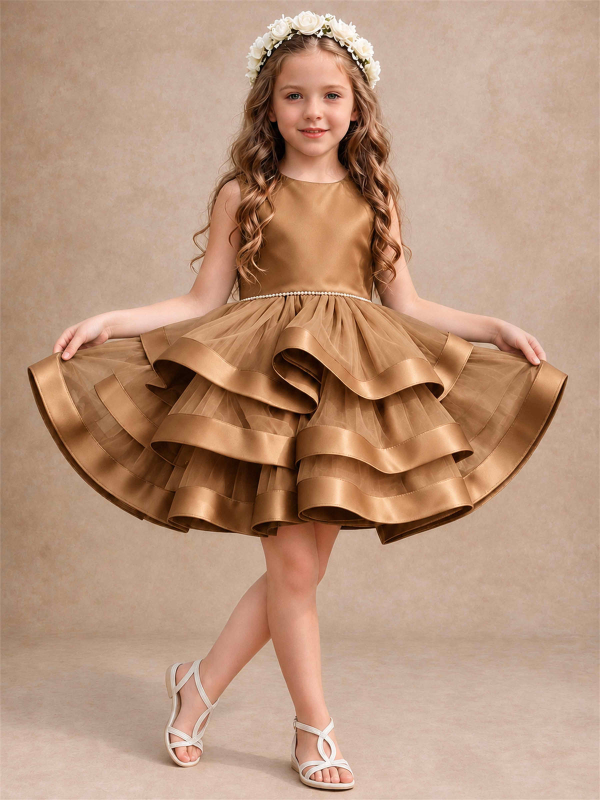 Satin Tulle Flower Girl Dress Tiered Ruffle Skirt Pearl Waist Back Bow Wedding Gown