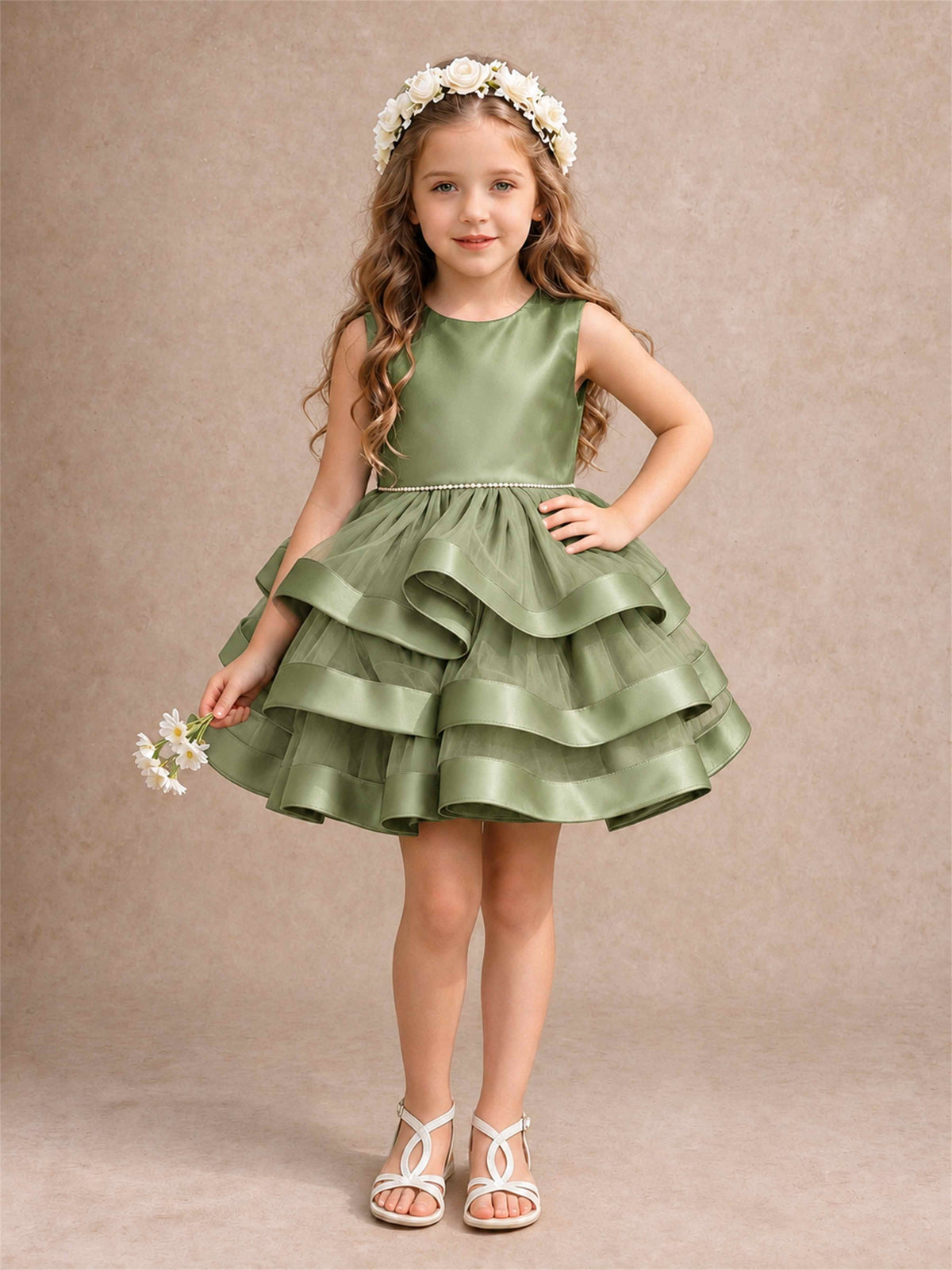 Satin Tulle Flower Girl Dress Tiered Ruffle Skirt Pearl Waist Back Bow Wedding Gown