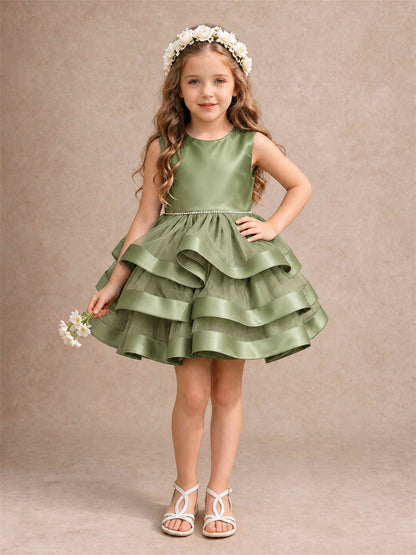 Satin Tulle Flower Girl Dress Tiered Ruffle Skirt Pearl Waist Back Bow Wedding Gown