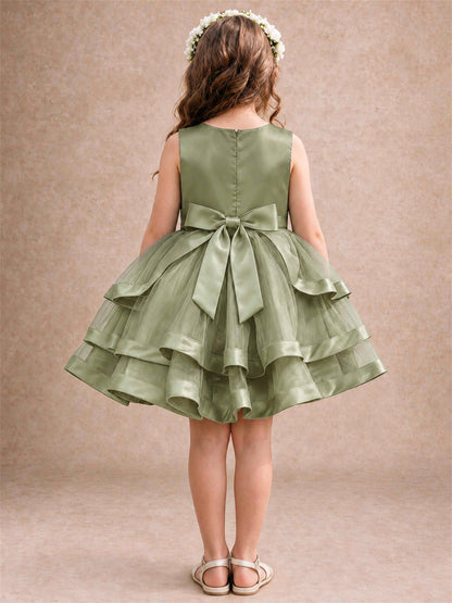 Satin Tulle Flower Girl Dress Tiered Ruffle Skirt Pearl Waist Back Bow Wedding Gown