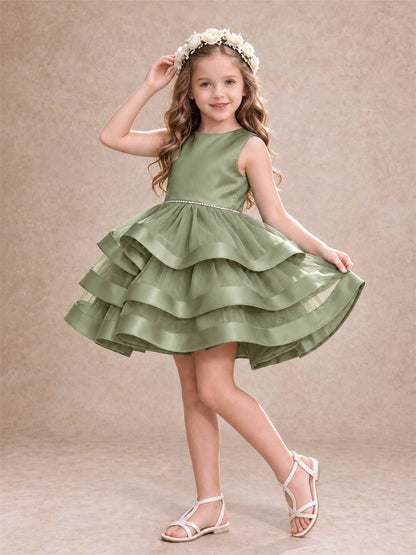 Satin Tulle Flower Girl Dress Tiered Ruffle Skirt Pearl Waist Back Bow Wedding Gown