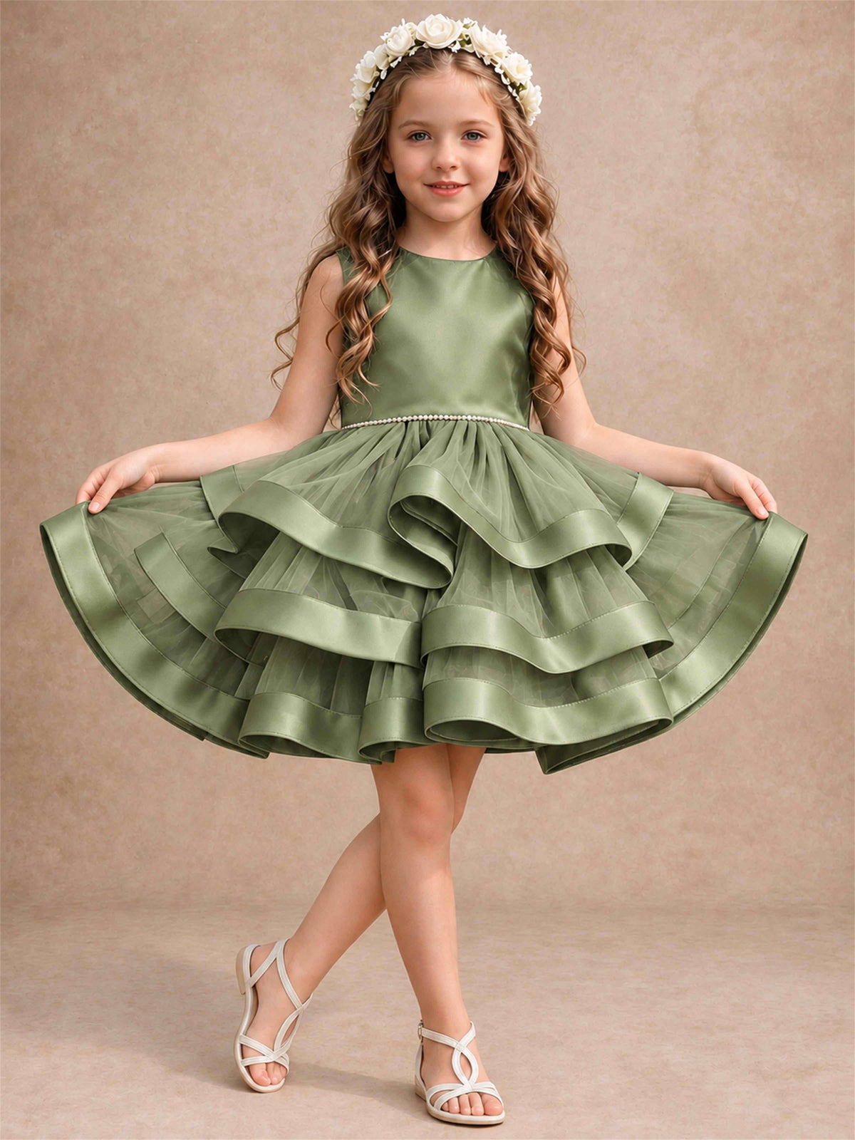 Satin Tulle Flower Girl Dress Tiered Ruffle Skirt Pearl Waist Back Bow Wedding Gown