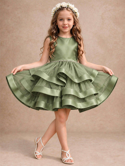 Satin Tulle Flower Girl Dress Tiered Ruffle Skirt Pearl Waist Back Bow Wedding Gown