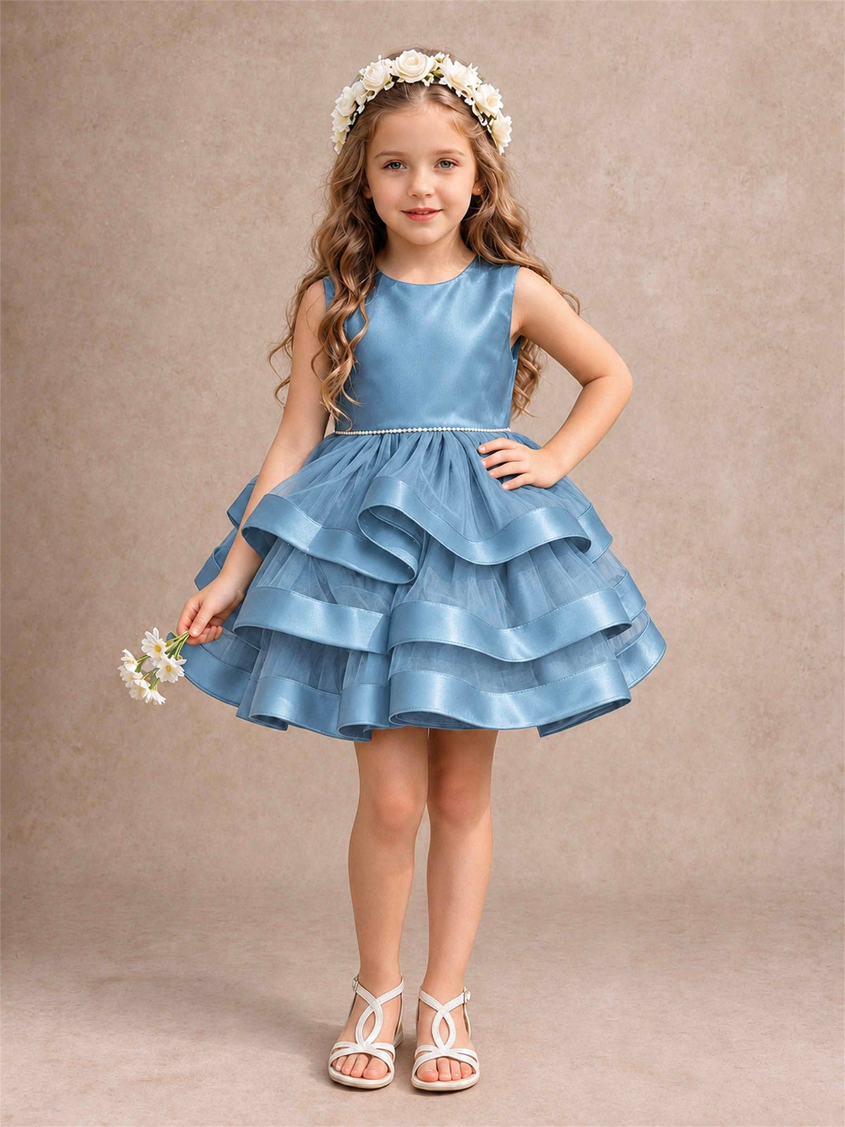 Satin Tulle Flower Girl Dress Tiered Ruffle Skirt Pearl Waist Back Bow Wedding Gown