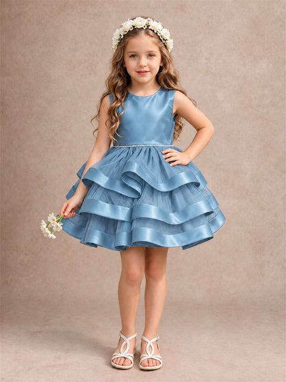 Satin Tulle Flower Girl Dress Tiered Ruffle Skirt Pearl Waist Back Bow Wedding Gown