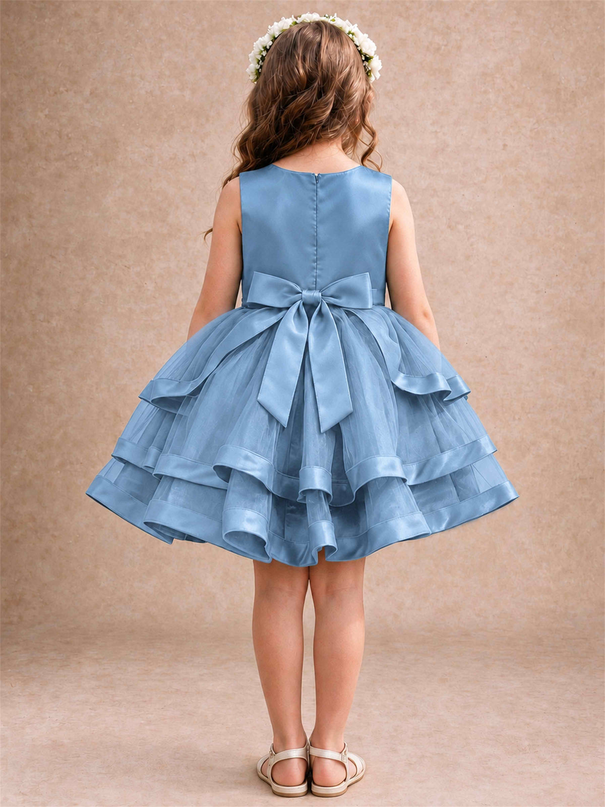 Satin Tulle Flower Girl Dress Tiered Ruffle Skirt Pearl Waist Back Bow Wedding Gown