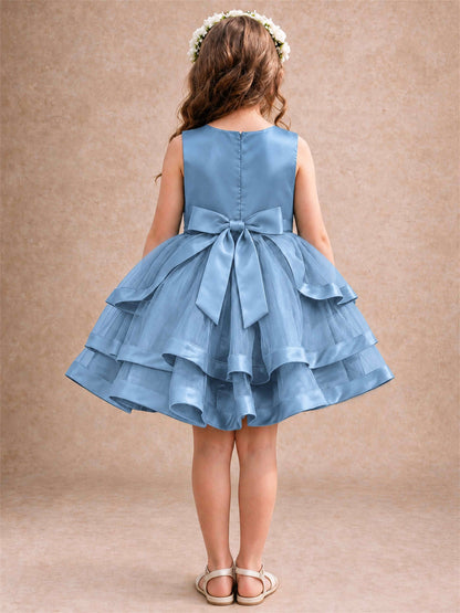 Satin Tulle Flower Girl Dress Tiered Ruffle Skirt Pearl Waist Back Bow Wedding Gown