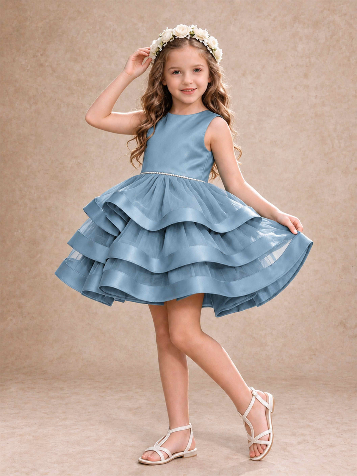 Satin Tulle Flower Girl Dress Tiered Ruffle Skirt Pearl Waist Back Bow Wedding Gown