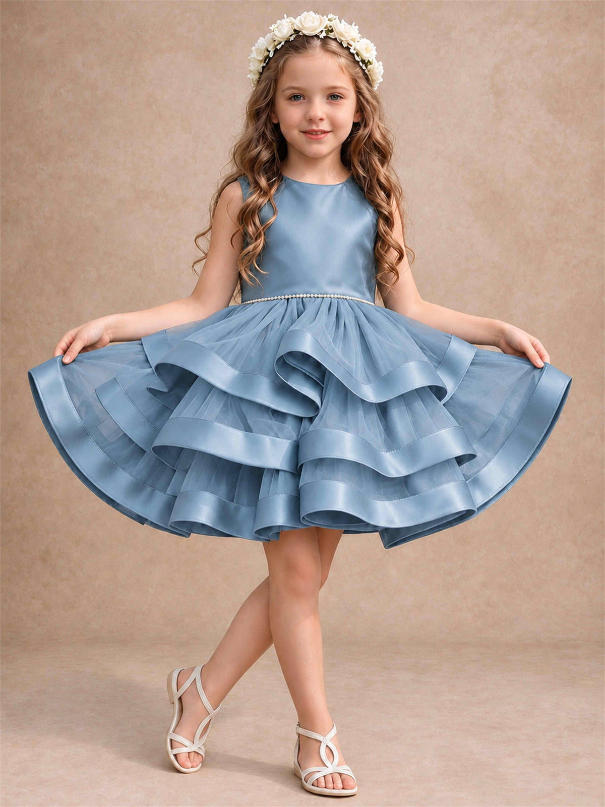 Satin Tulle Flower Girl Dress Tiered Ruffle Skirt Pearl Waist Back Bow Wedding Gown