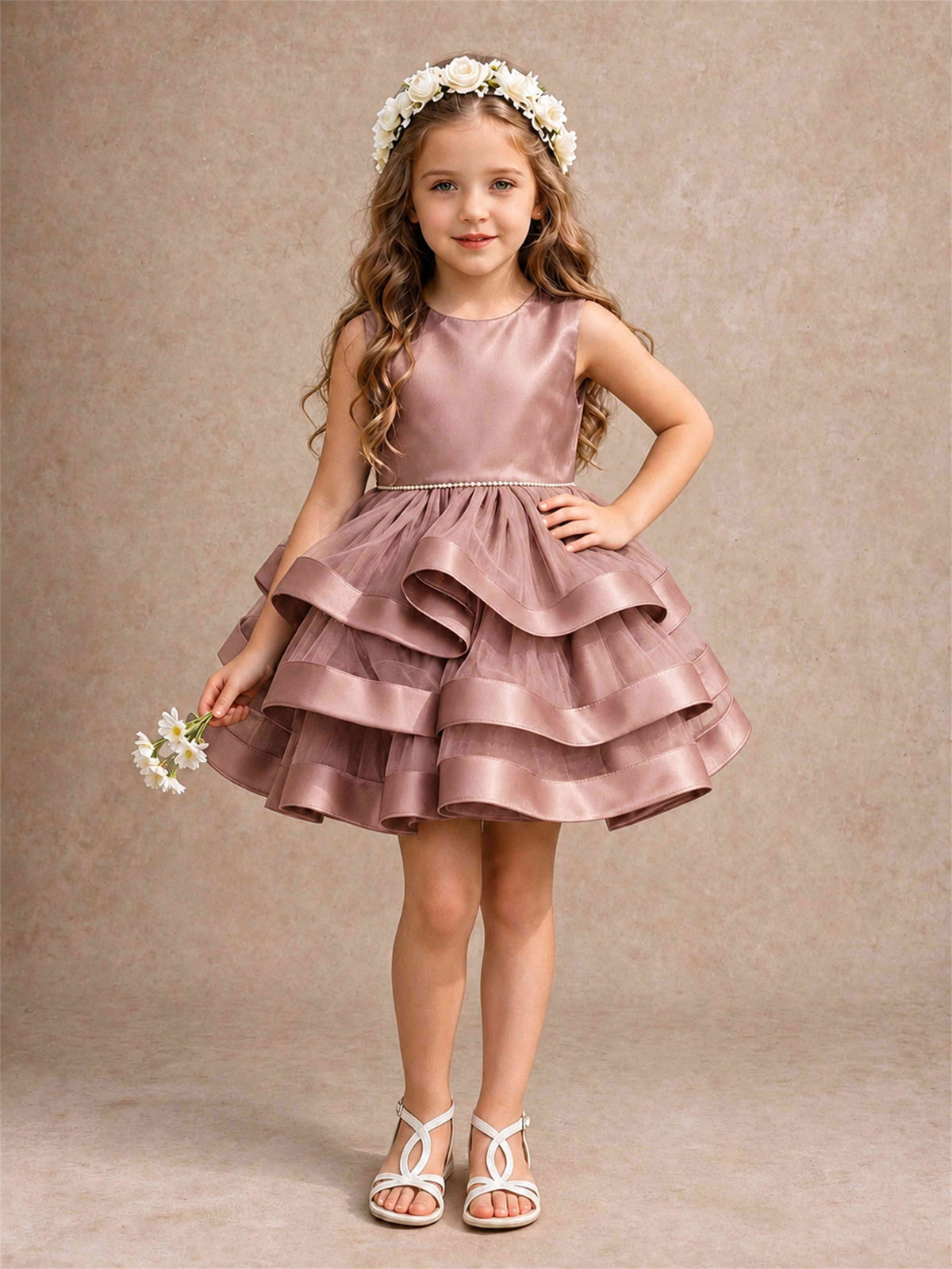 Satin Tulle Flower Girl Dress Tiered Ruffle Skirt Pearl Waist Back Bow Wedding Gown